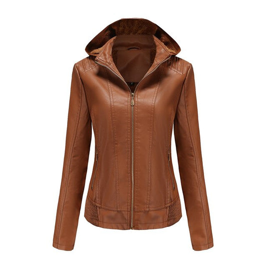 Chaqueta de piel con capucha para mujer