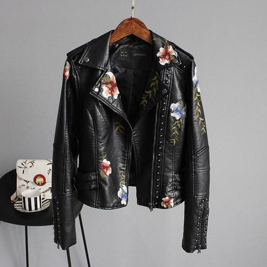 Chaqueta De Cuero Con Flores